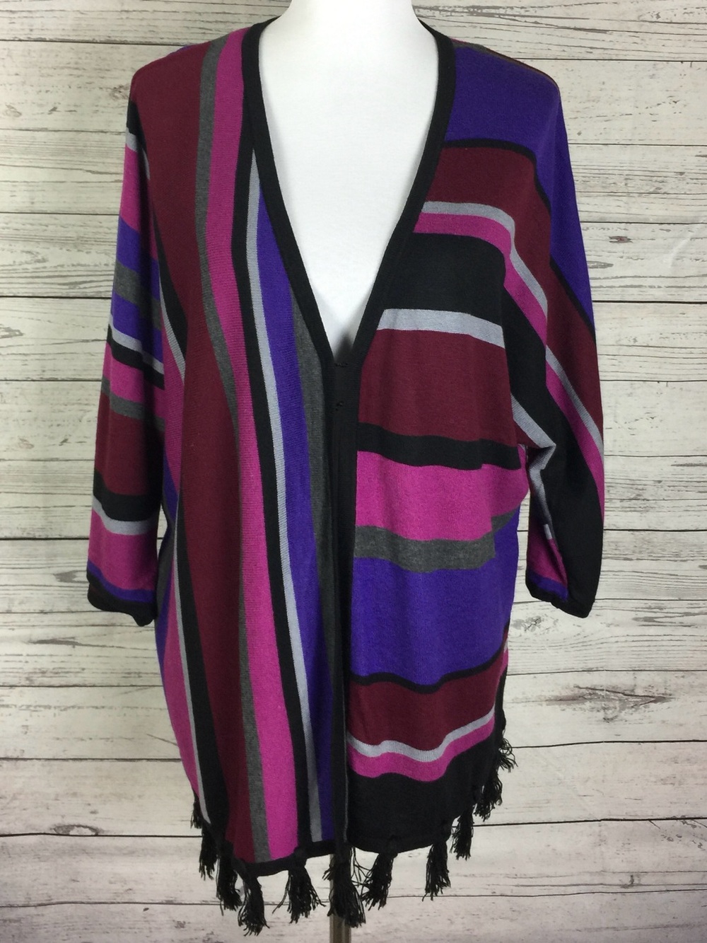 Jones New York Sport Cardigan Sweater Woman Plus 1X Multicolor Stripe Tassel Hem